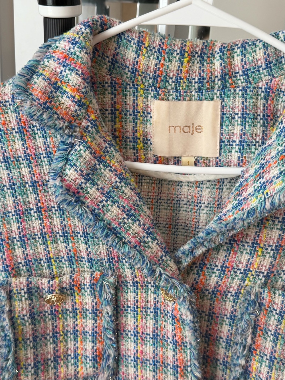 Maje Pastel Multicolor Tweed Short Sleeve Jacket - Picture 2 of 6